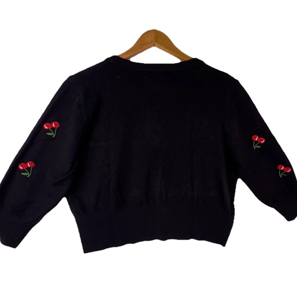 Belle Pogue Retro Embroidered Cherry Cropped V-Neck Cardigan Women's XL BLACK - Picture 2 of 16